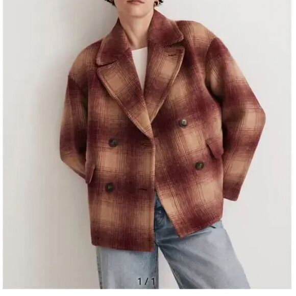 Madewell Dorinda Plaid Coat Red Tan Wool Blend Double Breasted Women's Small NWT - Picture 1 of 13
